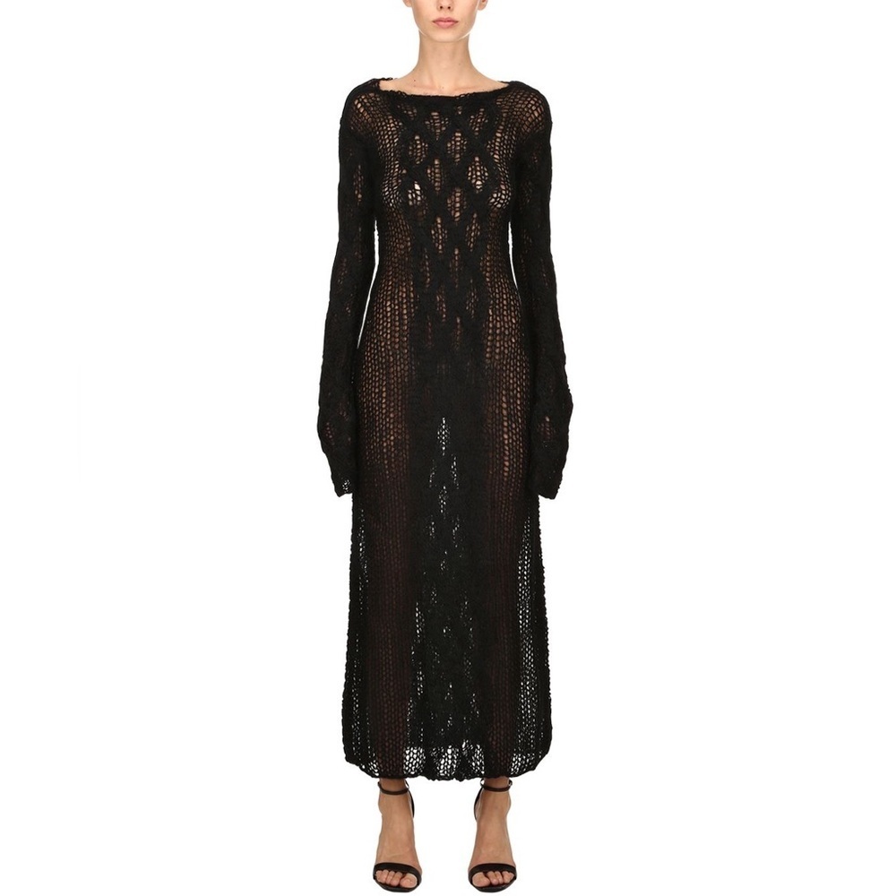 Nwt Miu Miu Mohair And Wool Blend Maxi Dress In Black Sheer Long Sleeve Sz 38